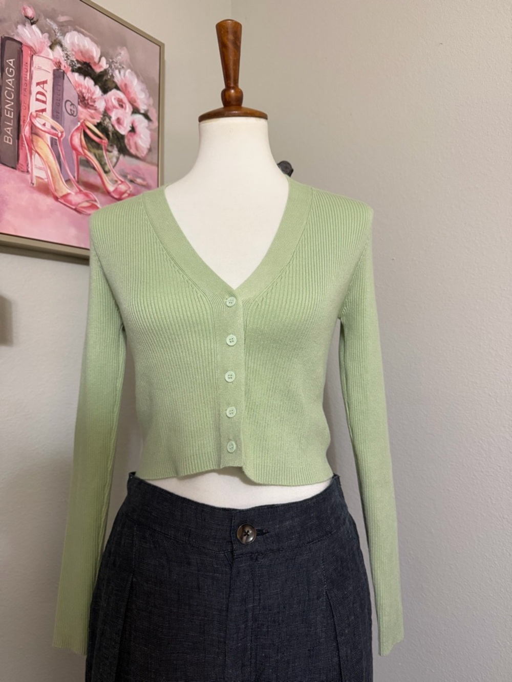 Princess Polly Ribbed Cropped Cardigan Sage Green Button Front Top S/M